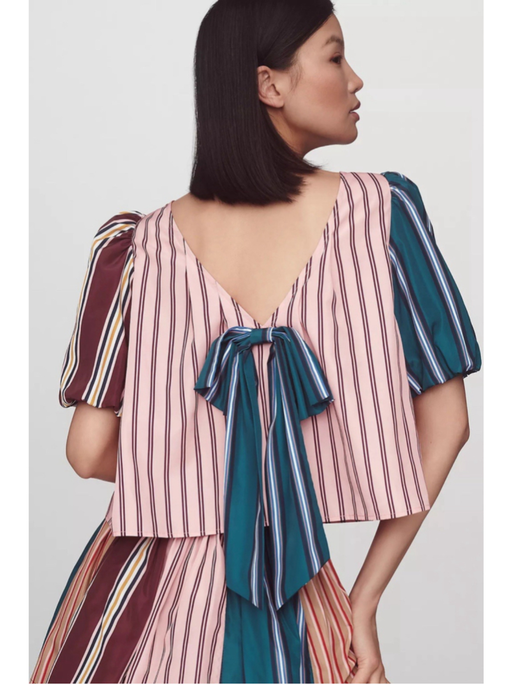 Meave Anthropologie Taffeta Bow Swing Blouse XS Puff Sleeve Striped Chic Pink